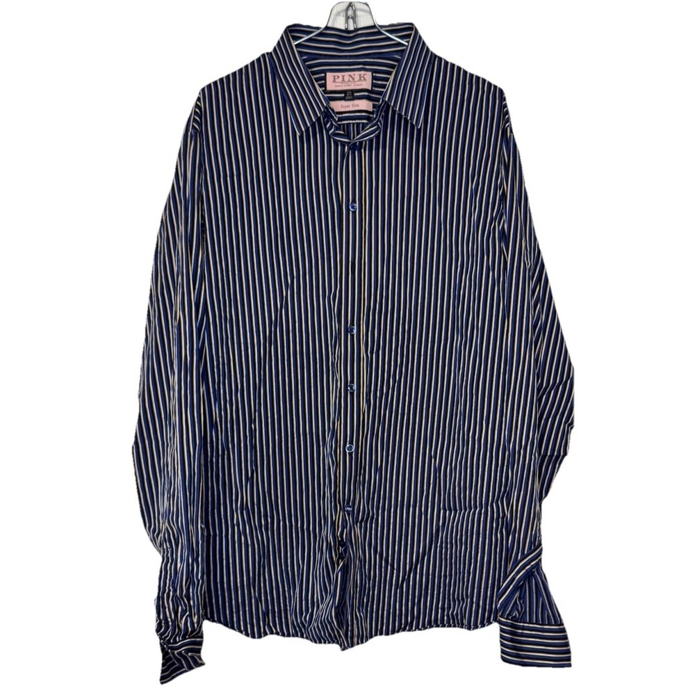 Thomas Pink Men Dress Shirt‎ Super Slim Striped Long Sleeve Button Up 16.5/42 cm